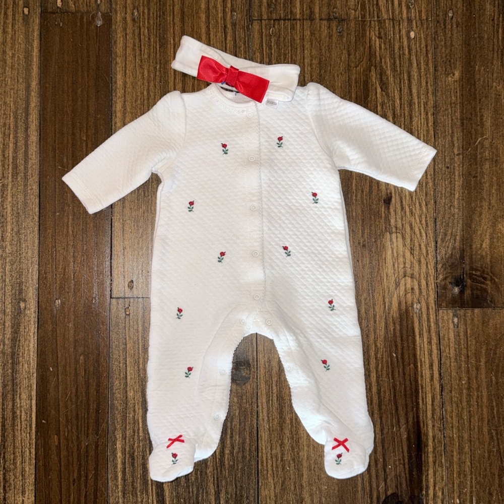 NEW Little Me sleeper + headband with roses embroidered